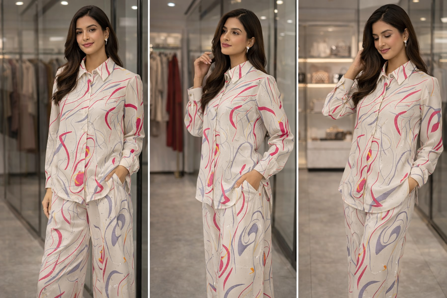 Abstract Printed Cream Co-Ord Set – Elegant Button-Down Shirt & Wide Leg Pants for Women U(0235)