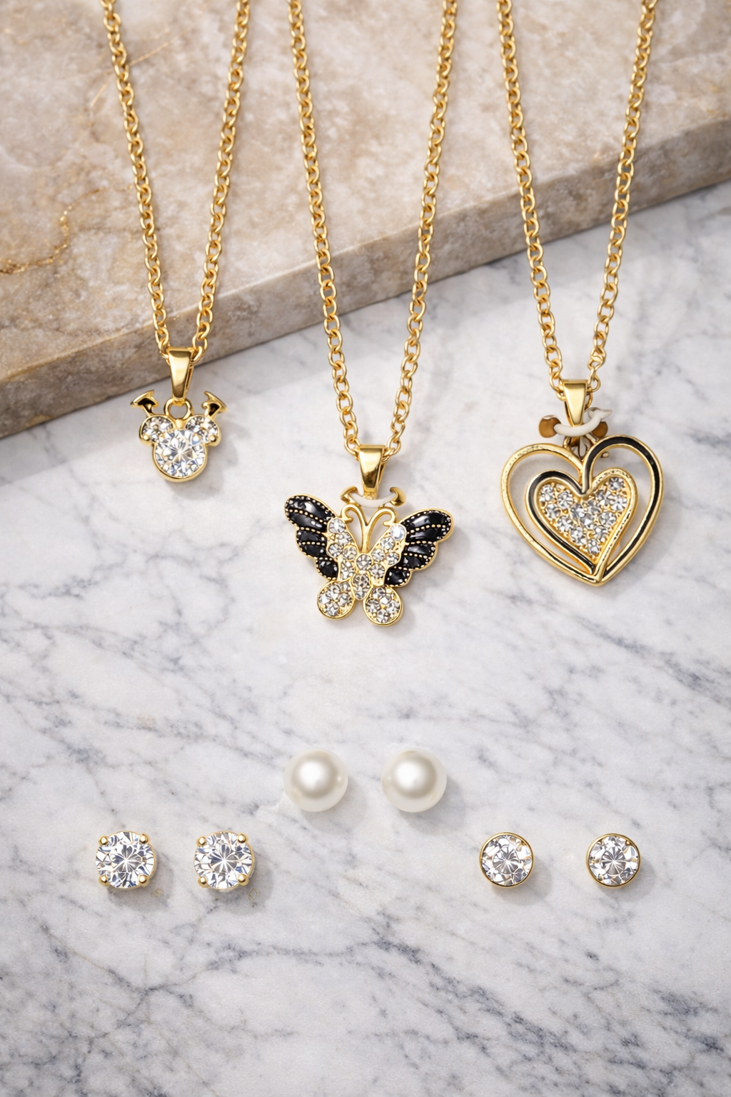 Elegant Gold Butterfly & Heart Jewelry Set – Crystal Pendant Necklace & Stud Earrings Collection A(0317)