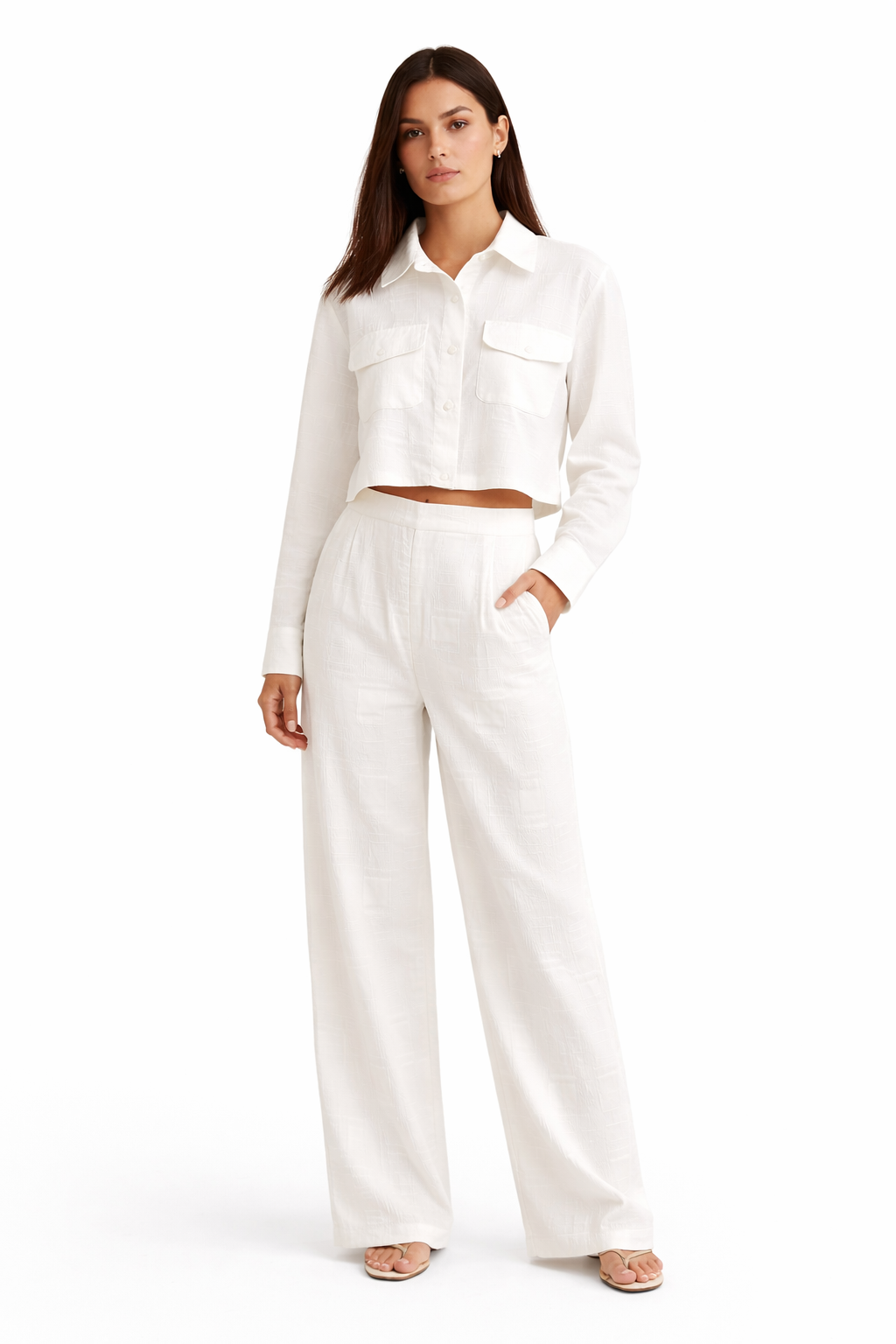 Elegant White Textured Co-Ord Set – Cropped Shirt & Wide Leg Pants | Premium Summer Outfit U(0239)