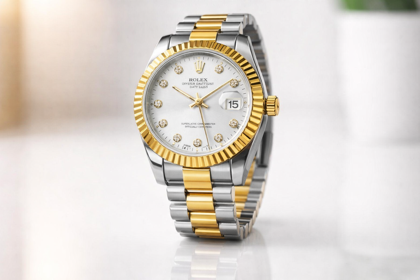 Premium Two-Tone Gold & Silver Diamond Dial Watch | Luxury Date Wristwatch A(0299)