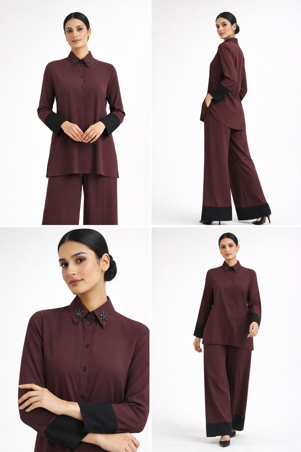 Luxury Plum Two-Piece Set – Embellished Collar Shirt & Wide Leg Trousers U(0240)