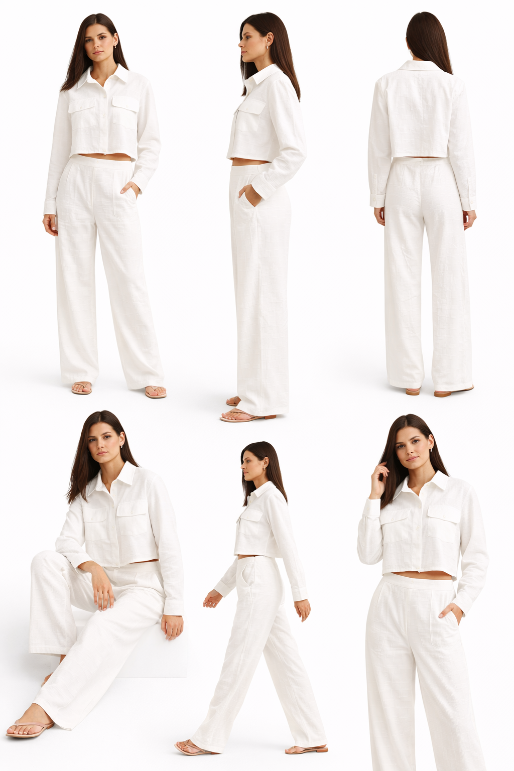 Elegant White Textured Co-Ord Set – Cropped Shirt & Wide Leg Pants | Premium Summer Outfit U(0239)