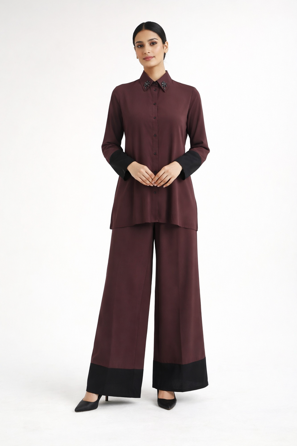 Luxury Plum Two-Piece Set – Embellished Collar Shirt & Wide Leg Trousers U(0240)