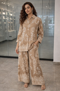 Luxury Beige Paisley Embroidery Cord Set | Women's Designer Shirt & Trouser Set U(0242)