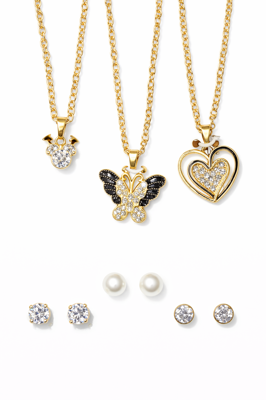 Elegant Gold Butterfly & Heart Jewelry Set – Crystal Pendant Necklace & Stud Earrings Collection A(0317)