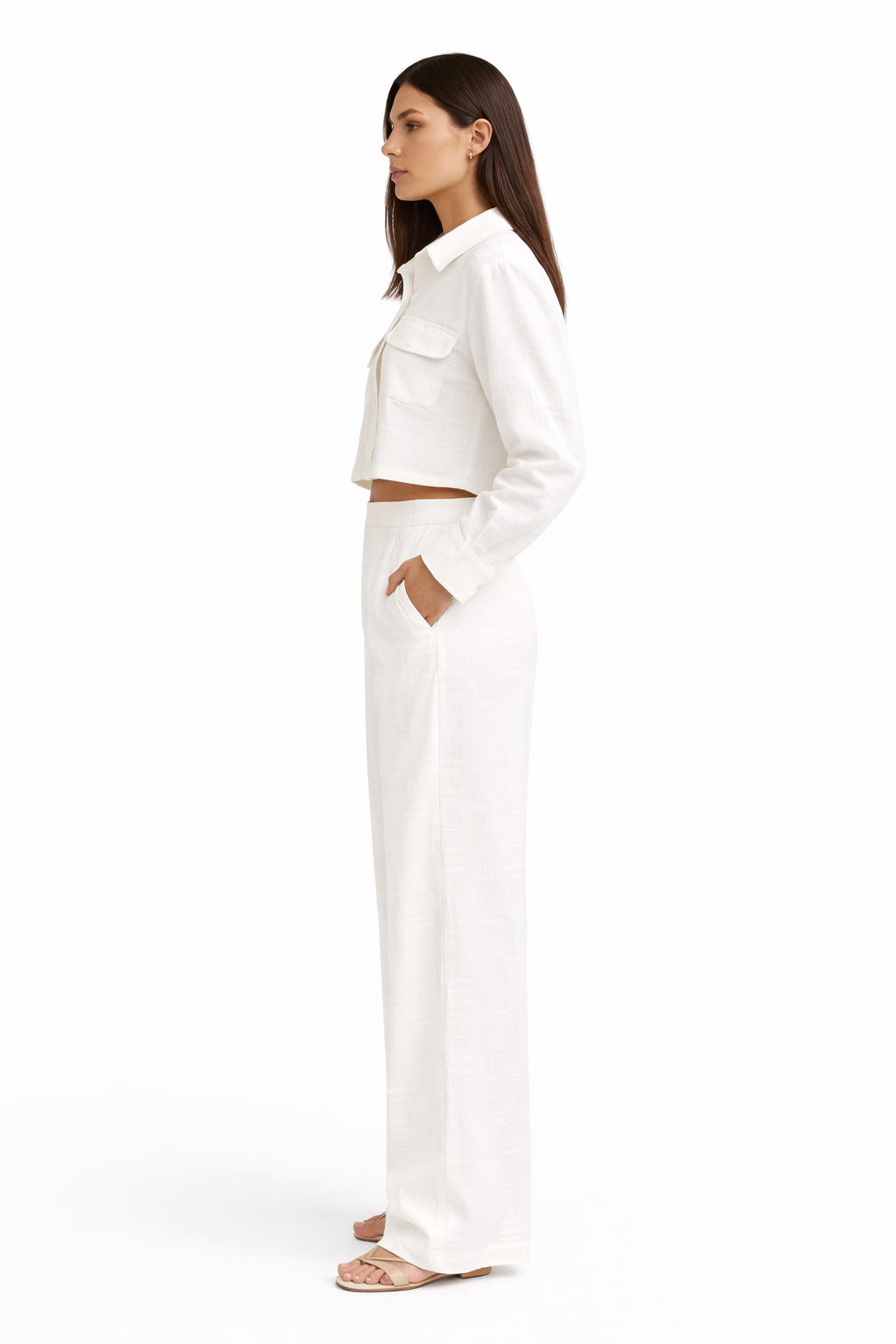 Elegant White Textured Co-Ord Set – Cropped Shirt & Wide Leg Pants | Premium Summer Outfit U(0239)